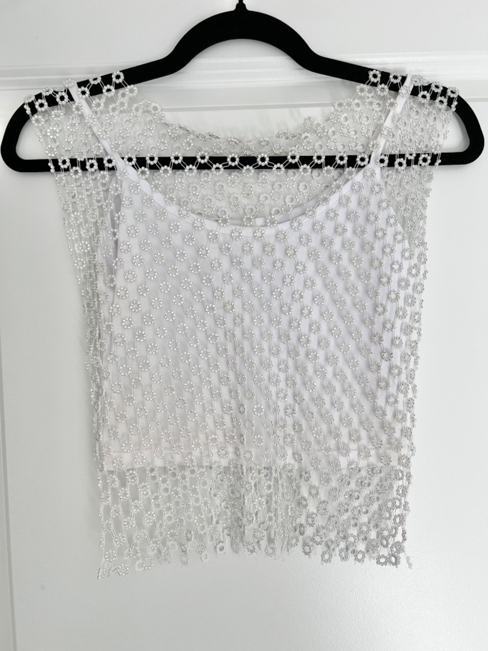 House of Harlow 1960 White Tank with Silver Beaded Overlay